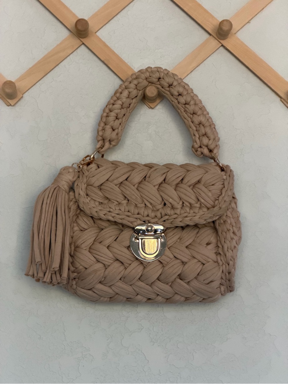 CHQEL Crochet/Braided Handmade Cotton Purse in Nude/Beige.